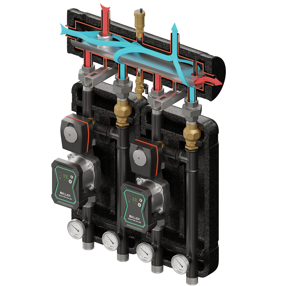 Zestaw KELLER 23: Sprzęgło-kolektor Condens 360° + 2 x Grupa z zaworem mieszający progresywnym i siłownikiem, KVS 8,0 + 2 x Pompa Green PRO 25-6-180
