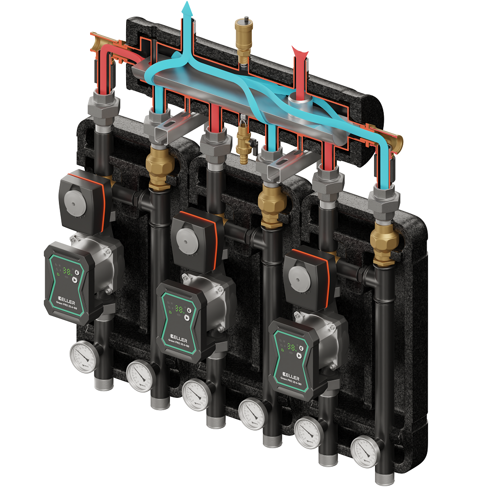 Zestaw KELLER 34: Sprzęgło-kolektor Condens 360° + 3 x Grupa z zaworem mieszający progresywnym i siłownikiem, KVS 8,0 + 3 x Pompa Green PRO 25-6-180