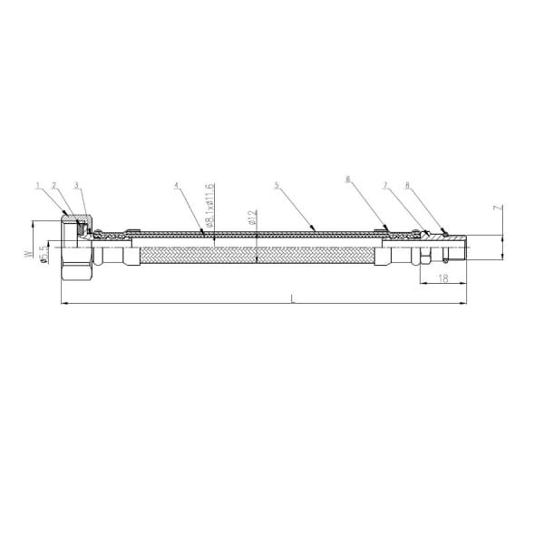 Przyłącze elastyczne KELLER WZ DN8 w oplocie ze stali nierdzewnej do baterii (krótkie) - rysunek